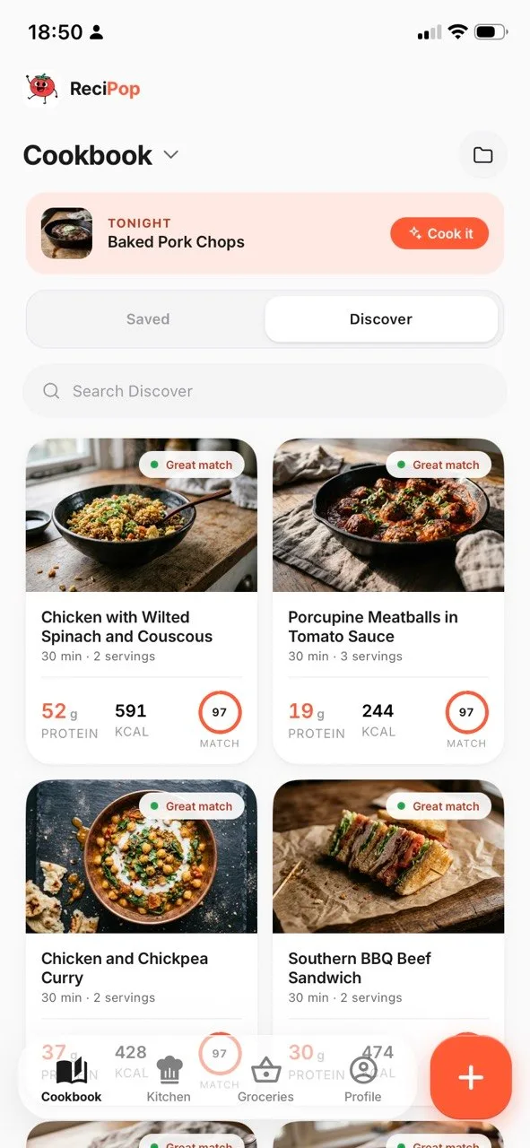 ReciPop's Discover tab, where every recipe card carries a match score, its protein and its calories per serving
