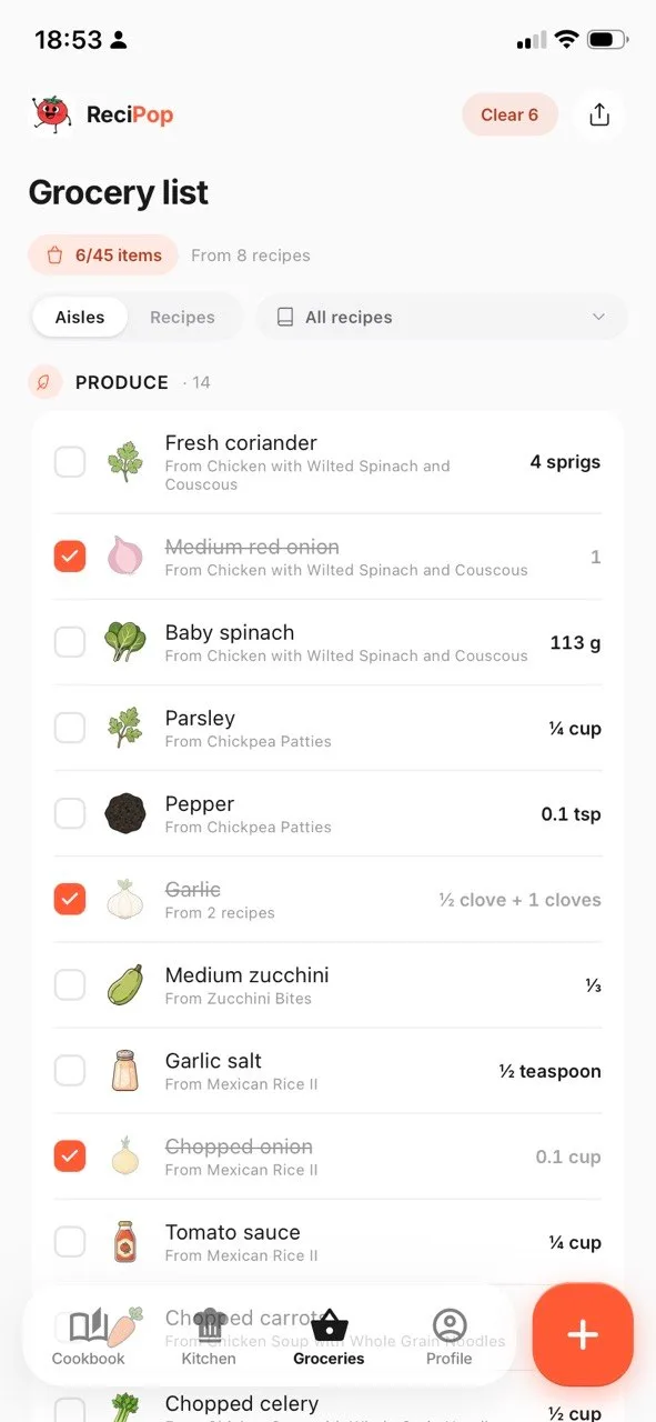 A ReciPop grocery list grouped by supermarket aisle, with ticked items struck through and the recipe each one came from underneath it