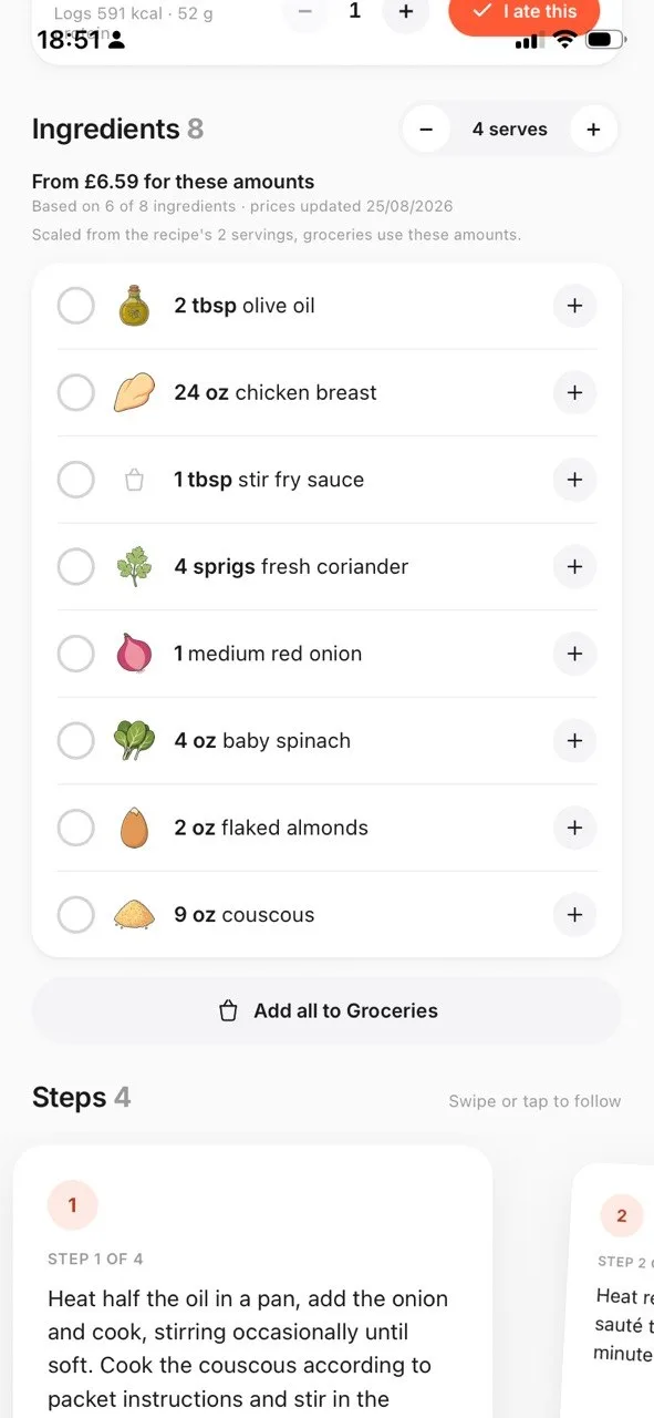 An imported recipe in ReciPop, its ingredients listed with quantities and scaled to four servings, above a button that adds all of them to the grocery list