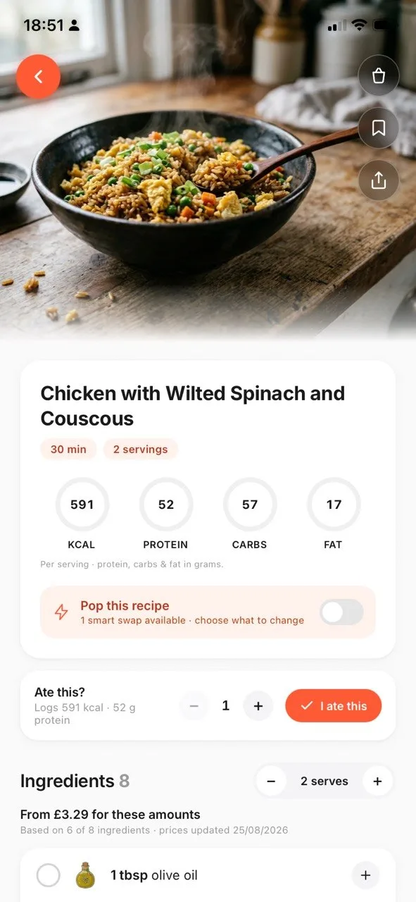 A ReciPop recipe screen showing 591 kcal, 52 g protein, 57 g carbs and 17 g fat per serving, with a Pop this recipe swap toggle
