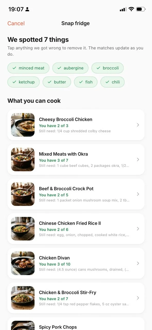 ReciPop after photographing a fridge, listing the seven ingredients it recognised and ranking recipes by how many of them you already have