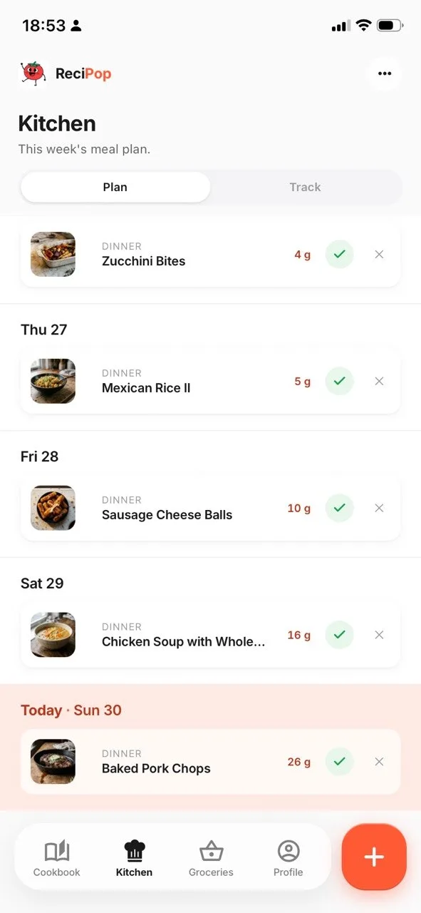 A ReciPop week of planned dinners, one per day, each showing the protein it carries and a tick to mark it cooked