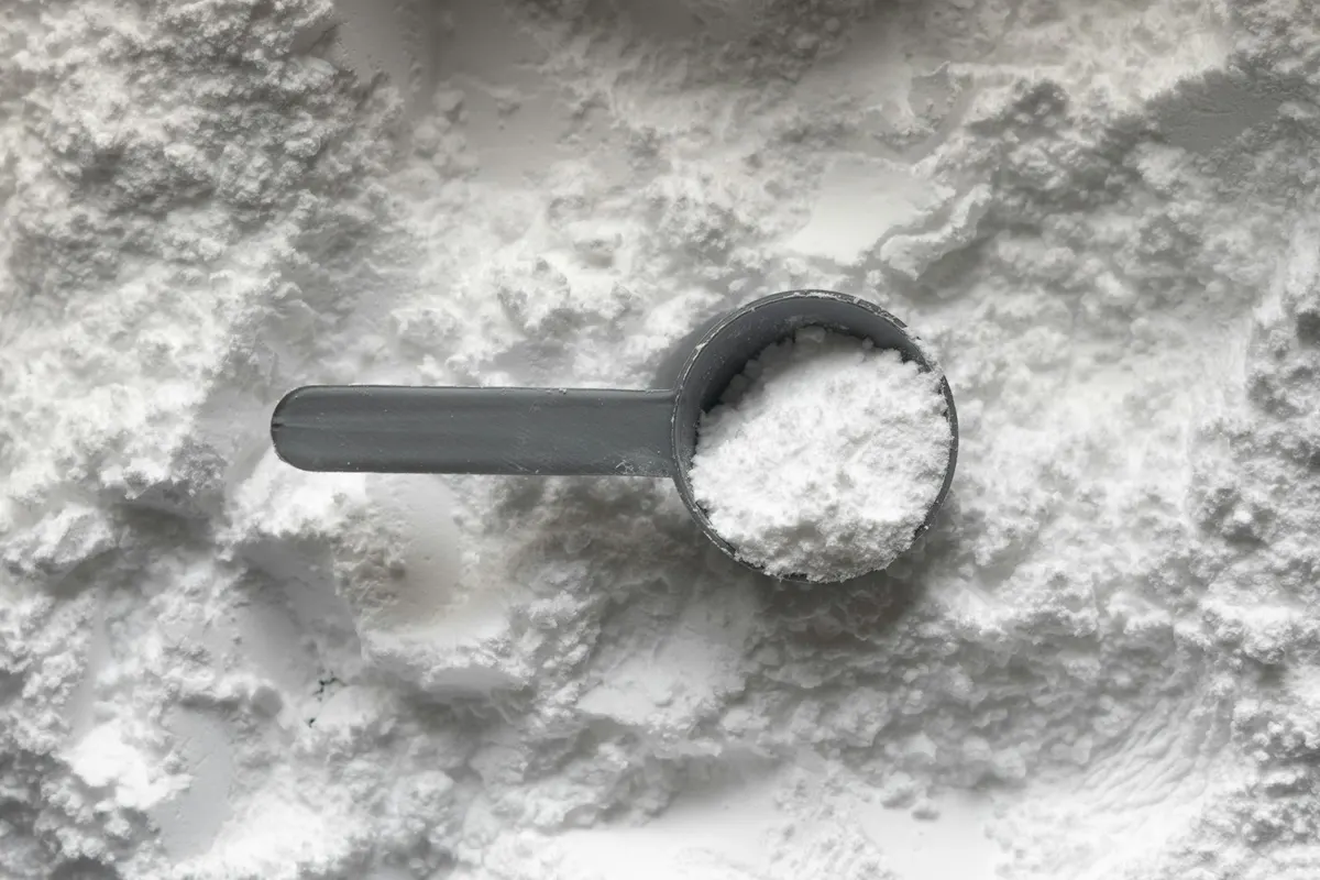 A grey measuring scoop lying in a drift of fine white starch powder
