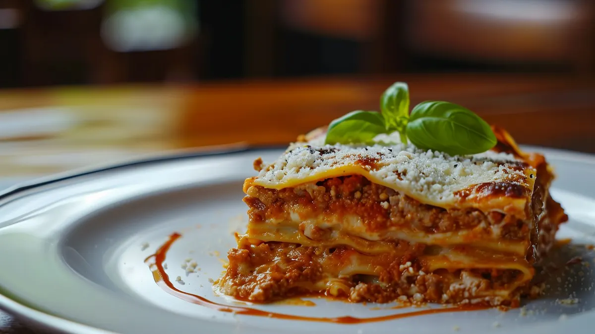 A square of baked lasagna on a white plate, layered with meat sauce and pasta, topped with grated parmesan and a sprig of basil